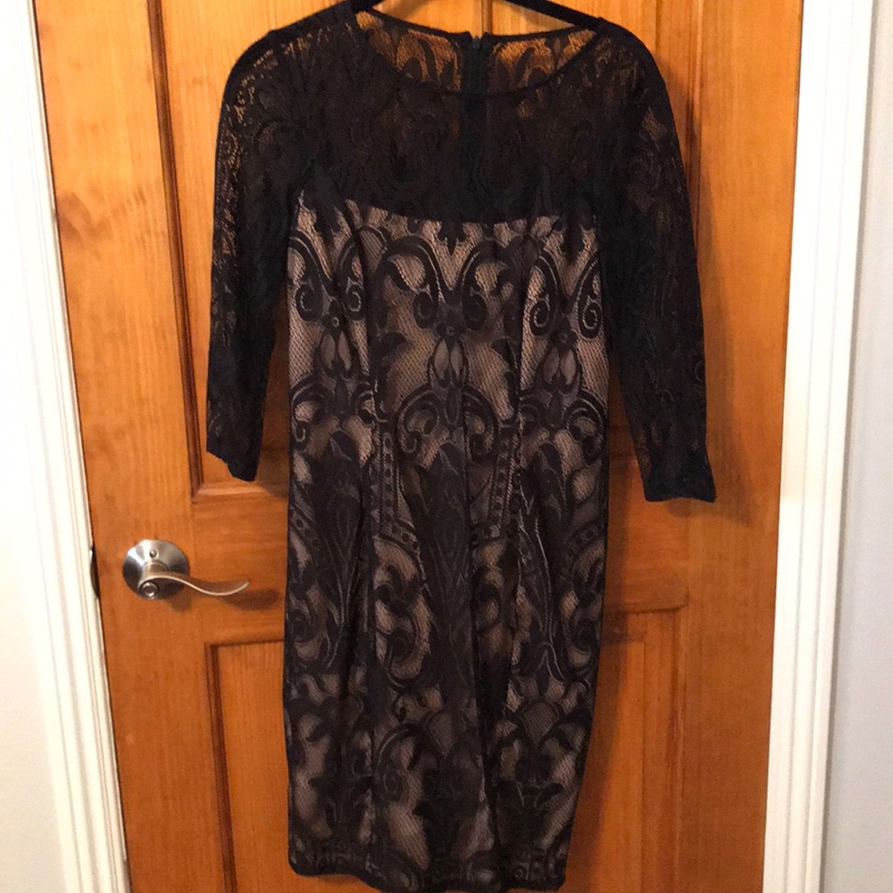 Adrianna Papell black lace nude dress